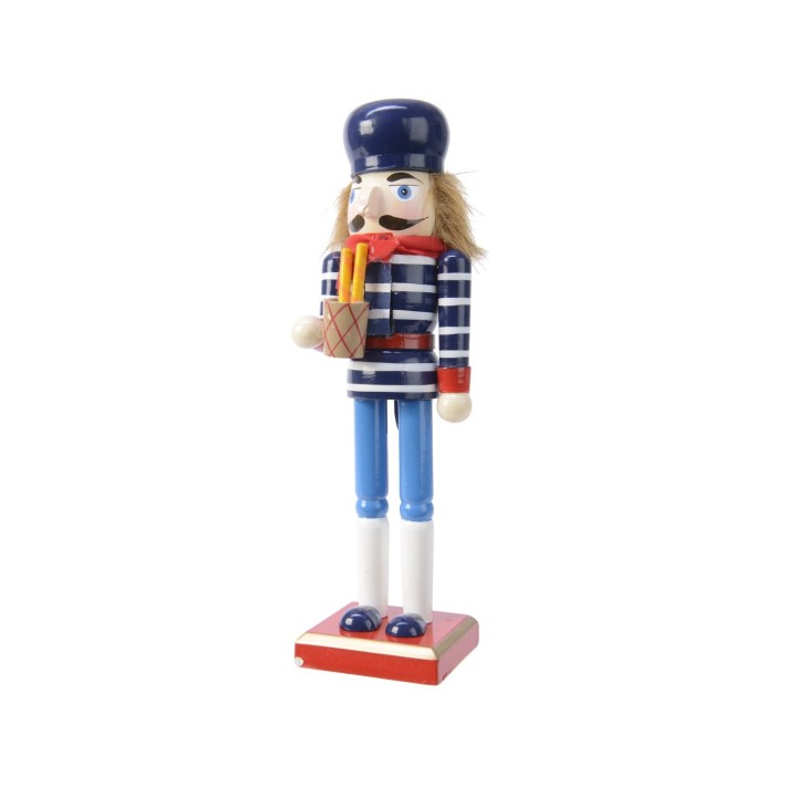 Un soldat en bois coloré, rayures bleues et blanches, tenant un cornet de friandises.