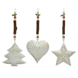 Trois ornements scintillants : un sapin, un cœur et une étoile en mosaïque blanche.