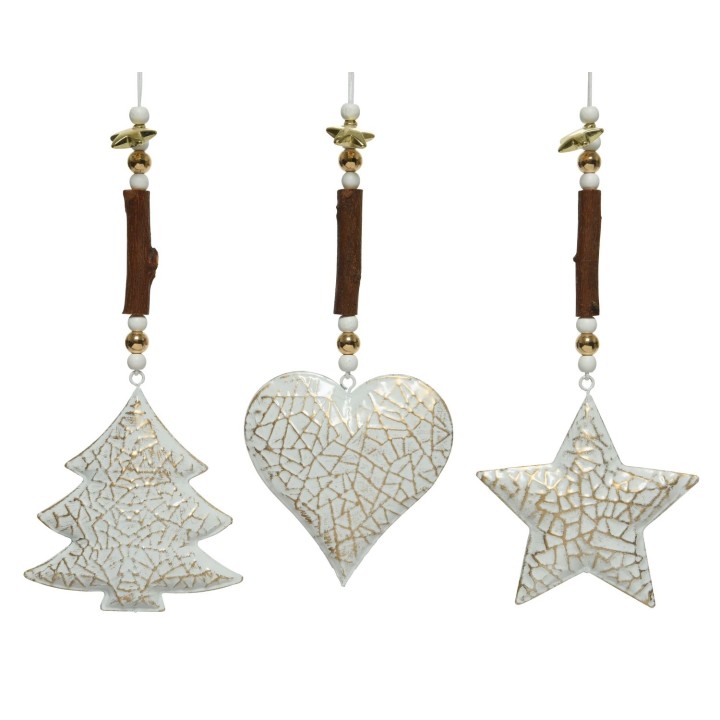 Trois ornements scintillants : un sapin, un cœur et une étoile en mosaïque blanche.