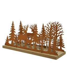 Décor en bois avec silhouettes d'arbres et renne, teinté en orange sur fond clair.