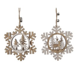 Décorations en bois en forme de flocons de neige avec motifs de cerfs et d'arbres.