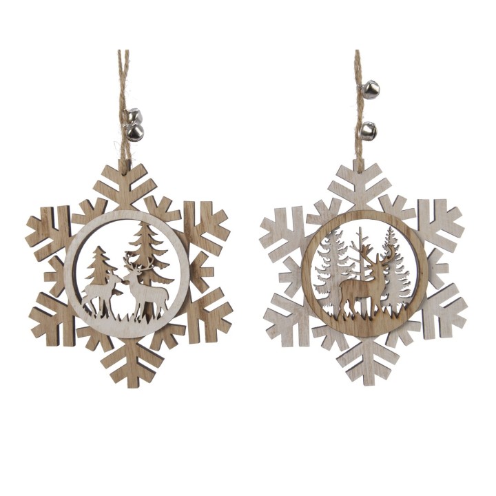 Décorations en bois en forme de flocons de neige avec motifs de cerfs et d'arbres.