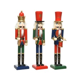 Trois soldats de bois colorés, ornés de détails festifs et expressions joviales.