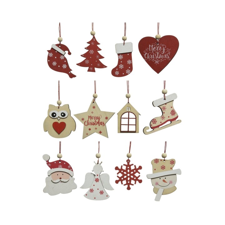 Décorations de Noël colorées en bois, motifs festifs et formes variées.