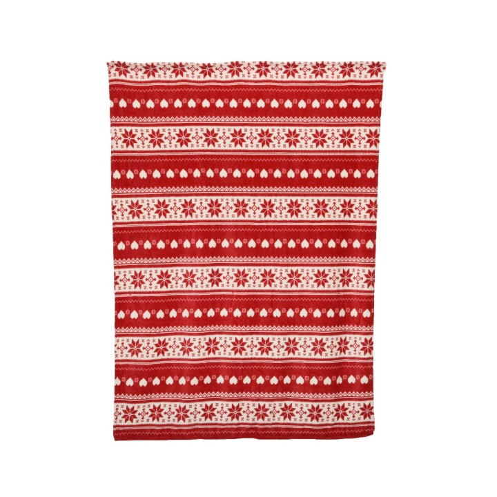 Tissu aux motifs hivernaux rouges et blancs, avec flocons et cœurs stylisés.