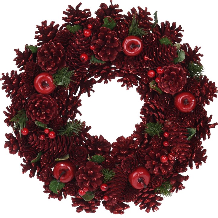 Couronne festive avec pommes rouges, pommes de pin et feuillage vert scintillant.