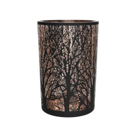 Vase décoratif noir en métal, motifs d'arbres découpés, lumière douce émise.