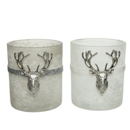 Deux bougies élégantes en verre givré, ornées de têtes de cerf argentées.