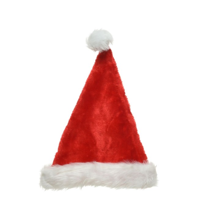 Chapeau de Noël rouge en peluche avec pompon blanc et bordure en fourrure.