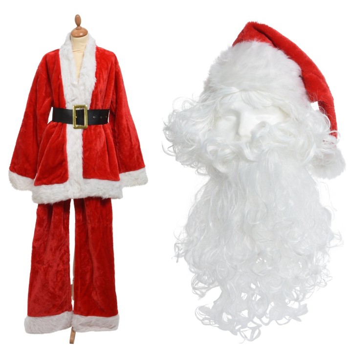 Costume de Père Noël en velours rouge avec ceinture, accompagné d'une barbe et d'un bonnet bla...