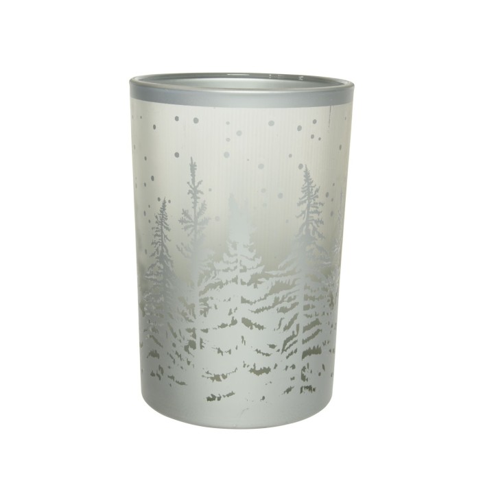 Vasque argentée ornée de motifs d'arbres enneigés, créant une ambiance hivernale.