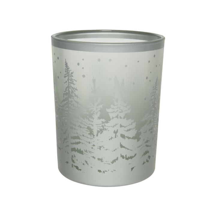 Vase en verre translucide orné de silhouettes d'arbres, dans des teintes grises et argentées.