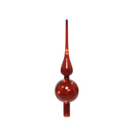 Sculpture en verre rouge, avec des formes sphériques et coniques élégantes.