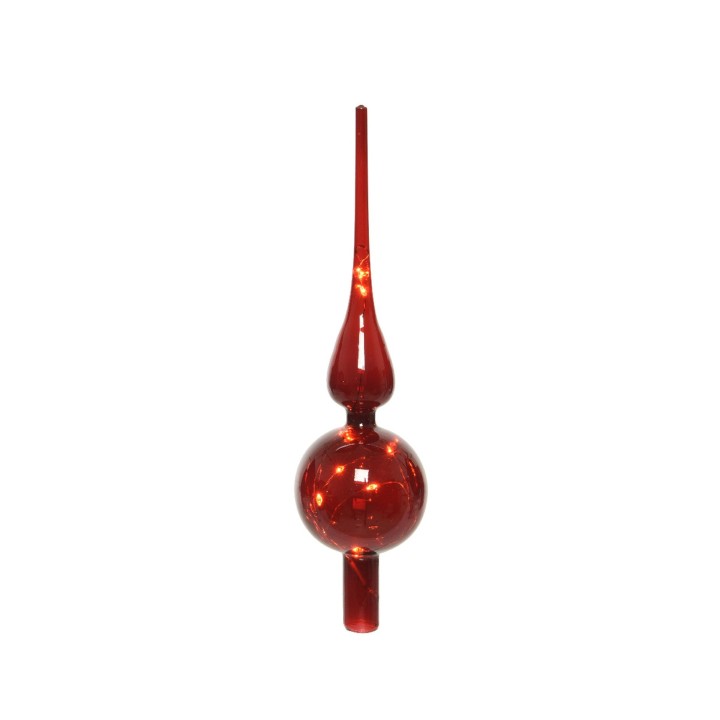 Sculpture en verre rouge, avec des formes sphériques et coniques élégantes.