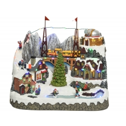 Village enneigé avec maisons colorées, patins sur glace et décorations lumineuses festives.