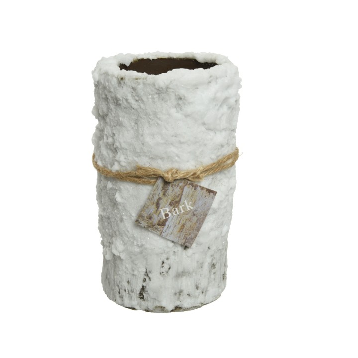 Vase texturé blanc imitant l'écorce, décoré d'une corde rustique.