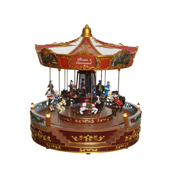 Carrousel coloré avec chevaux et figurines, décoré de dorures et lumières scintillantes.