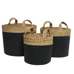 Paniers en jute tressé, base en feutre noir, élégants et fonctionnels, avec poignées.