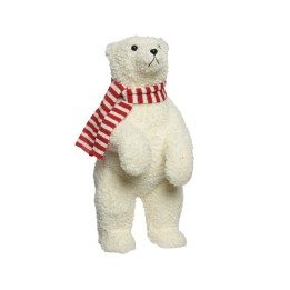 Ours en peluche blanc, au pelage texturé, portant une écharpe rayée rouge et blanche.