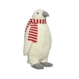 Pinguin en peluche blanc, écharpe rayée rouge et blanc, doux et réconfortant.