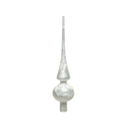 Objet en verre, forme élancée et sphérique, finition brillante et translucide.