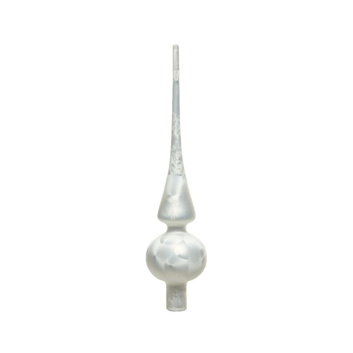 Objet en verre, forme élancée et sphérique, finition brillante et translucide.
