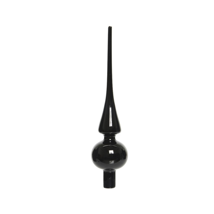 Objet décoratif en verre noir, avec une forme allongée et une base sphérique.