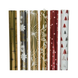 Six rouleaux de papier cadeau aux motifs variés : doré, rouge, blanc, et motifs festifs.