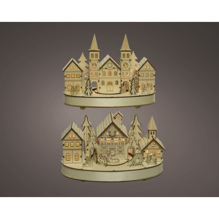 Scène hivernale en bois, illuminée, avec maisons, arbres et animaux, style féérique.
