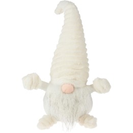 Gnome en peluche blanc, chapeau pointu, nez rose, barbe douce, expression amicale.