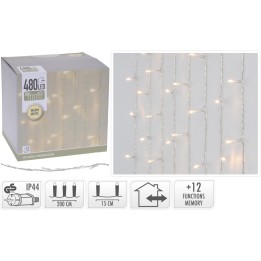 Guirlande lumineuse intérieure avec 480 LED blanches chaudes sur fil transparent.