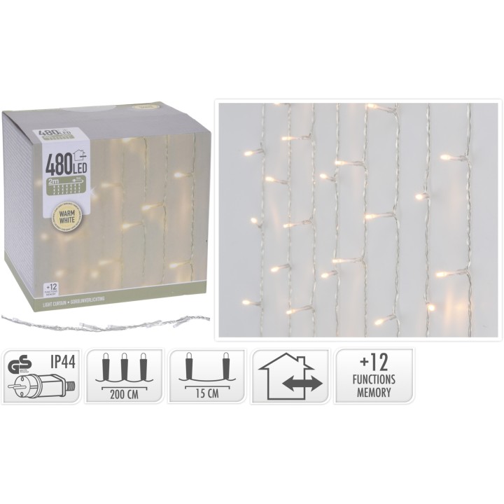 Guirlande lumineuse intérieure avec 480 LED blanches chaudes sur fil transparent.