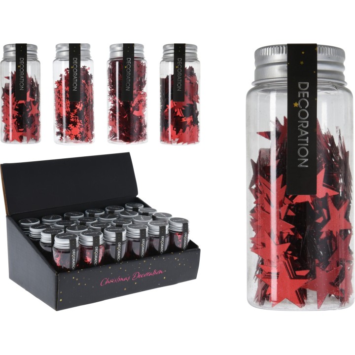 Bouteilles transparentes contenant des étoiles rouges brillantes pour décoration festive.