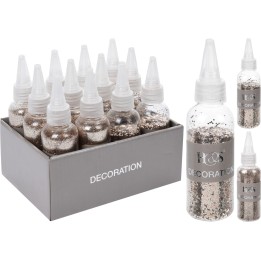 Flacons de décoration avec paillettes argentées, agencés dans un élégant écrin gris.