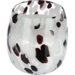 Vase en verre aux motifs organiques noirs et blancs, forme arrondie et translucide.