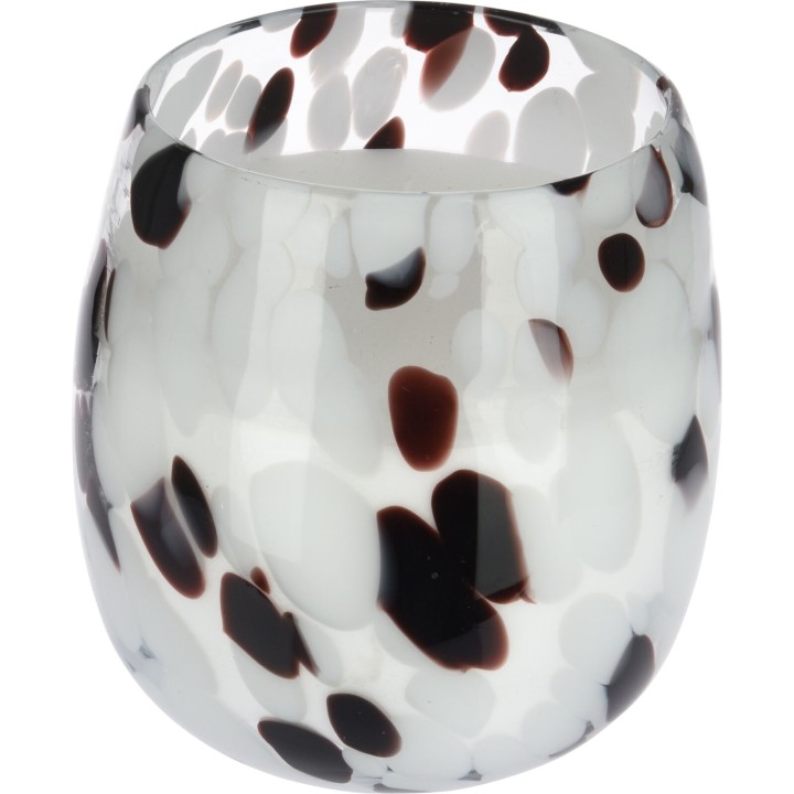 Vase en verre aux motifs organiques noirs et blancs, forme arrondie et translucide.