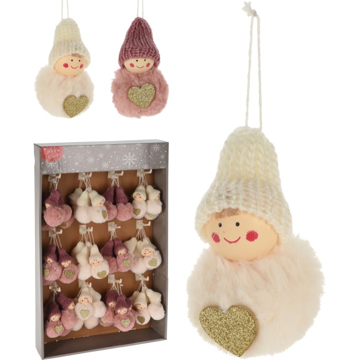 Décorations en peluche aux teintes douces, avec des visages souriants et des cœurs brillants.