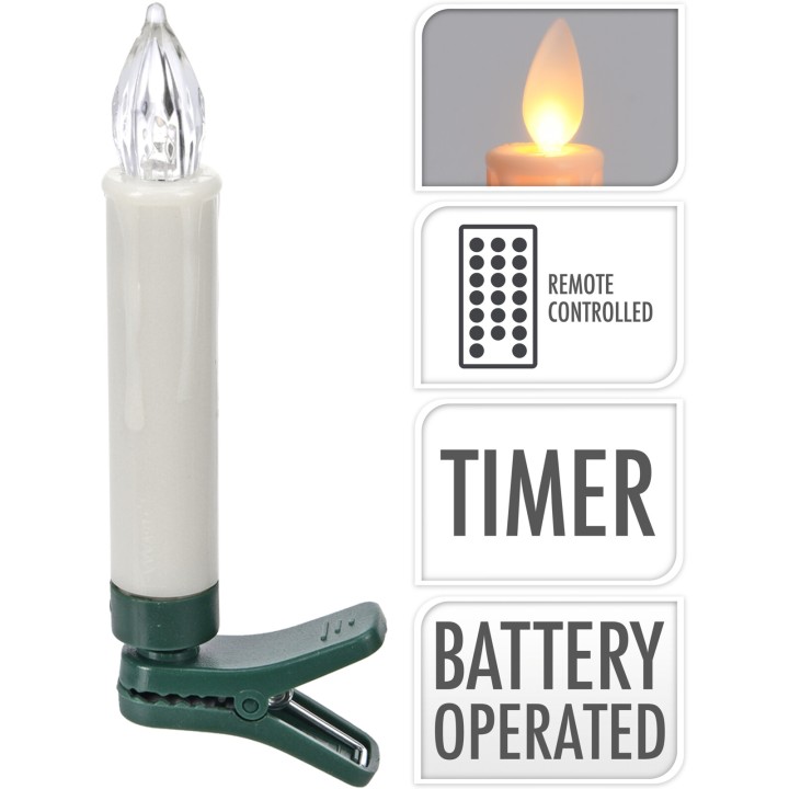 Bougie LED blanche avec clip, flamme vacillante, télécommande et fonctionnement sur batterie.