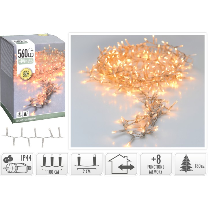 Guirlande lumineuse LED chaude, 560 ampoules sur fil transparent, plusieurs modes d'éclairage.
