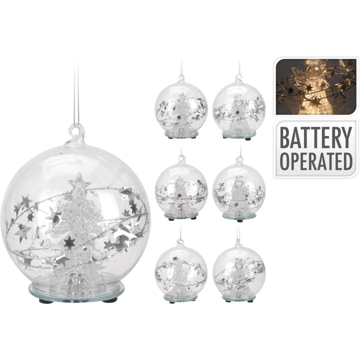 Boules transparentes avec décorations argentées et étoiles, illuminées par piles.