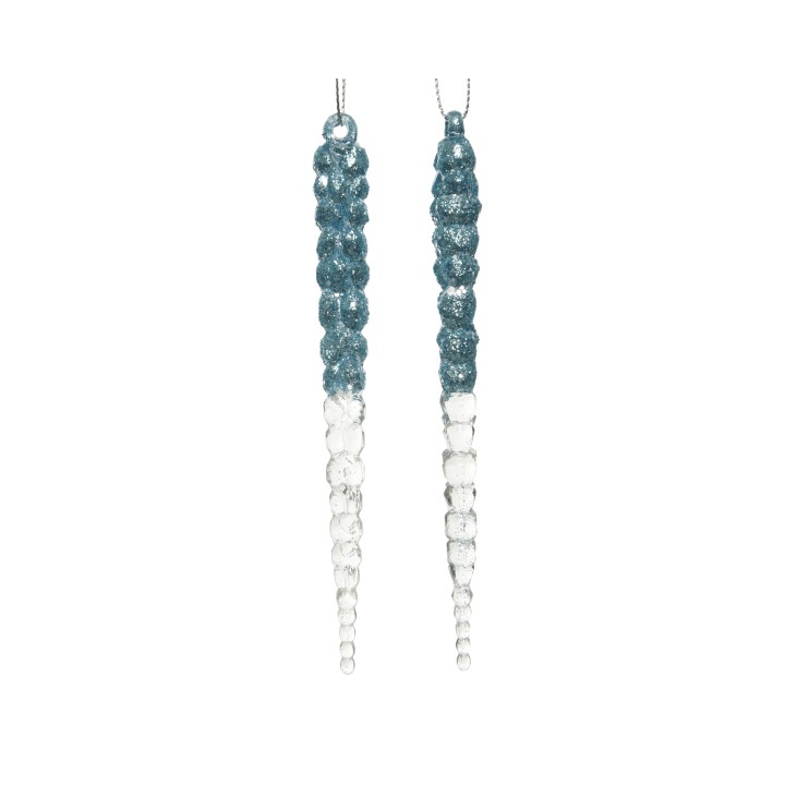 Bijoux en verre, longues gouttes scintillantes bleu et transparent, élégance moderne.