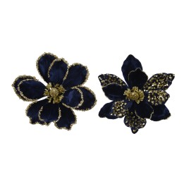 Fleurs en velours bleu nuit ornées de sequins dorés, élégantes et raffinées.