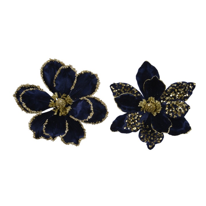 Fleurs en velours bleu nuit ornées de sequins dorés, élégantes et raffinées.