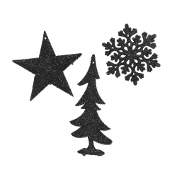 Décorations noires : étoile, sapin et flocon sur fond blanc. Élégance minimaliste festive.