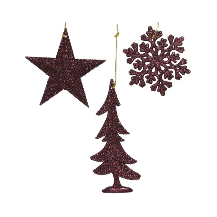 Ornements scintillants en forme d'étoile, flocon et sapin, dans des teintes bordeaux.