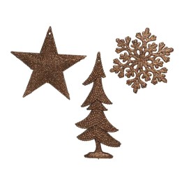 Décorations dorées en forme d'étoile, flocon et sapin, élégantes et festives.