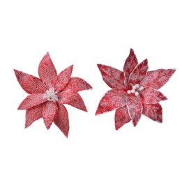 Deux fleurs en feutre rouge, aux pétales texturés et décorées de perles blanches.