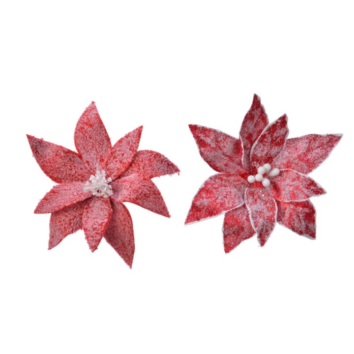 Deux fleurs en feutre rouge, aux pétales texturés et décorées de perles blanches.