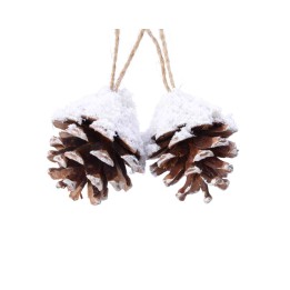 Pignes de pin recouvertes de neige suspendues par une corde naturelle.