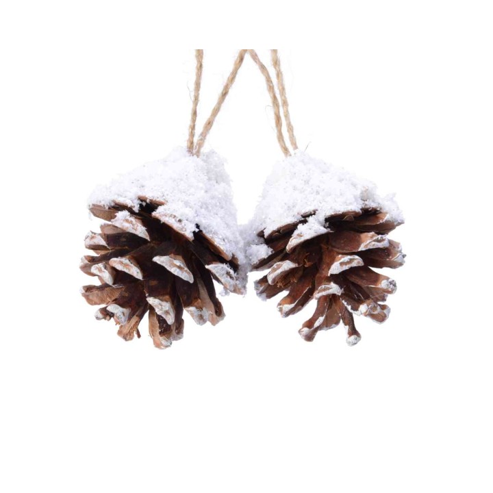 Pignes de pin recouvertes de neige suspendues par une corde naturelle.